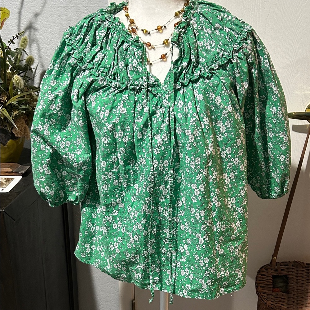 Topshop cotton Green Floral Blouse